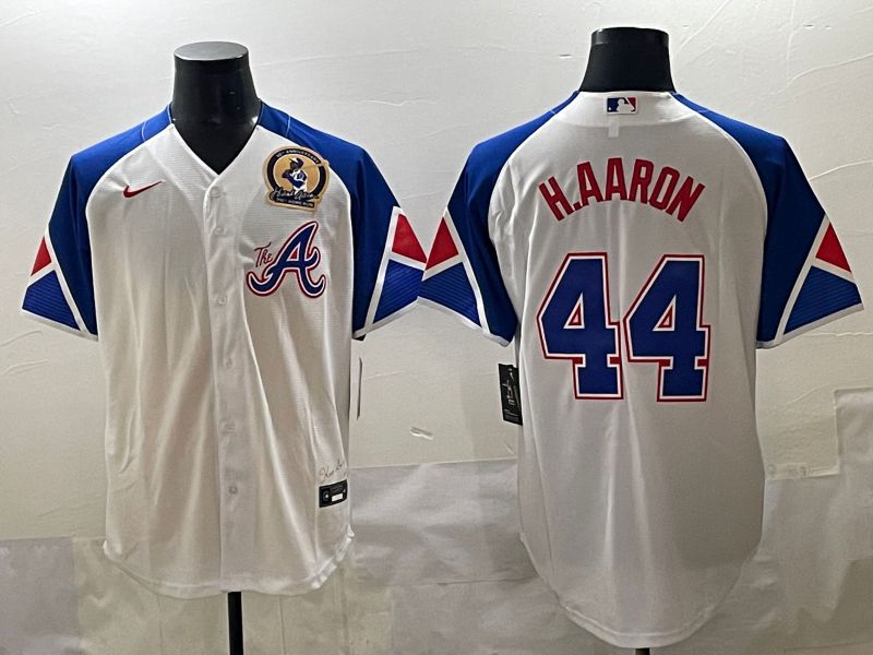 Men 2025 Atlanta Braves #44 H.Aaron White blue City Edition Nike MLB Jersey style 4